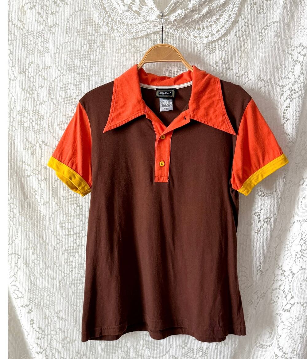 Big Bud Press Peanut Butter Cup Brown Orange Yellow Colorblock Polo Top Medium